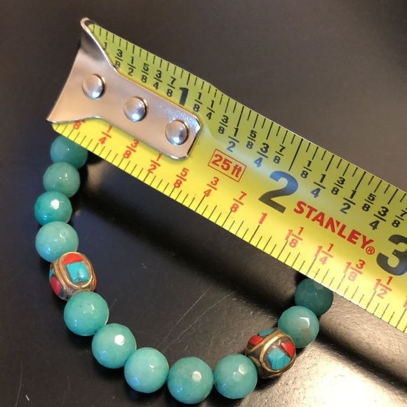 Faceted Jade Bead Bracelet w Bronze Accent Beads w Coral & Turquoise Inlay - Picture 3 of 11